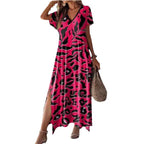 Damen Maxikleid mit tierischem Muster und seitlichem Schlitz R&B