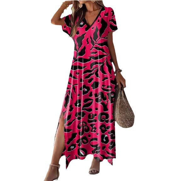 Damen Maxikleid mit tierischem Muster und seitlichem Schlitz R&B