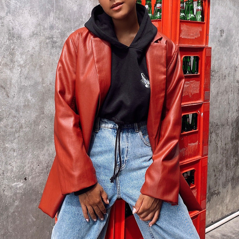 Damen modische Kunstlederjacke mit elegantem Schnitt R&B