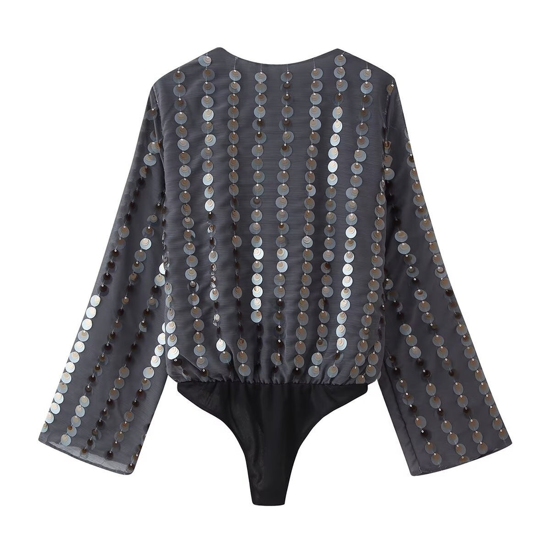 Damen Glamouröses Body mit glitzernden Pailletten und Wickeldesign R&B