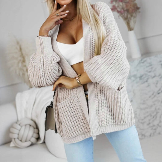 Damen lässige Strickjacke mit großen Taschen und lockerer Passform R&B