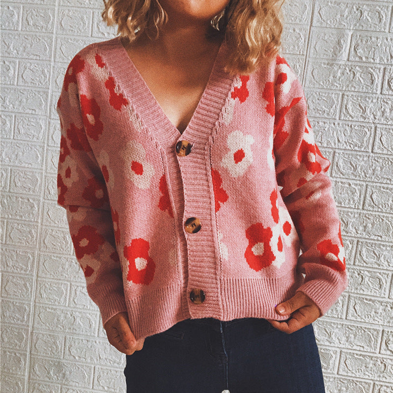 Damen Strickjacke mit floralen Mustern und dekorativen Knöpfen R&B