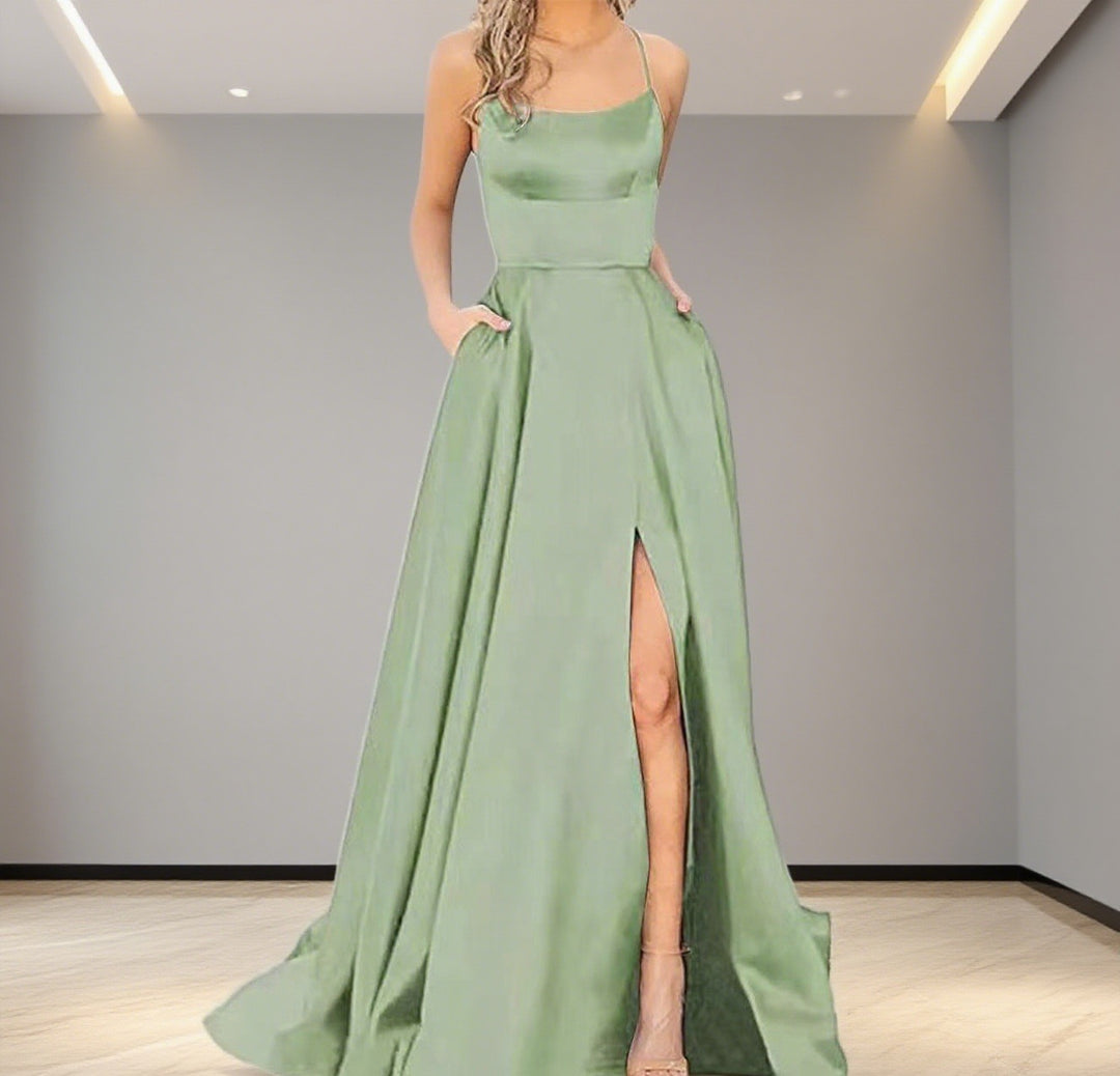 Damen Elegantes Abendkleid mit seitlichem Schlitz und schmalen Spaghetti-Trägern R&B