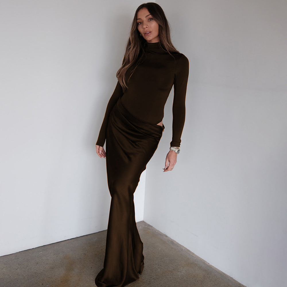 Damen Elegantes langärmliges Maxikleid mit figurbetontem Schnitt und raffiniertem Drapierungsdetail R&B