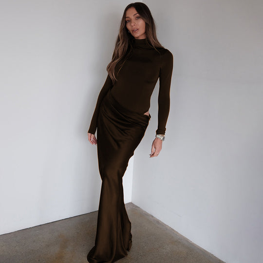 Damen Elegantes langärmliges Maxikleid mit figurbetontem Schnitt und raffiniertem Drapierungsdetail R&B