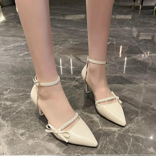 Damen elegante Pumps mit transparentem Fesselriemen und dekorativen Perlen R&B