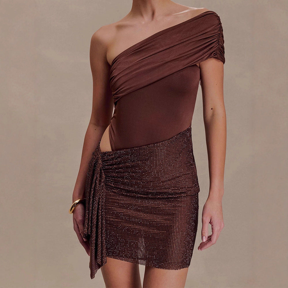 Damen Elegantes One-Shoulder Kleid mit funkelndem Rock R&B