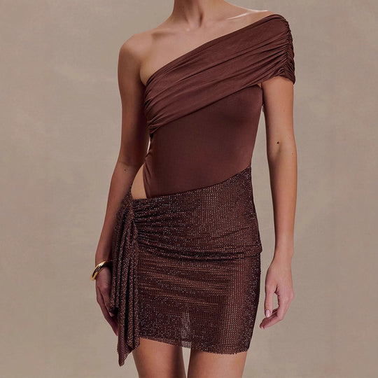 Damen Elegantes One-Shoulder Kleid mit funkelndem Rock R&B