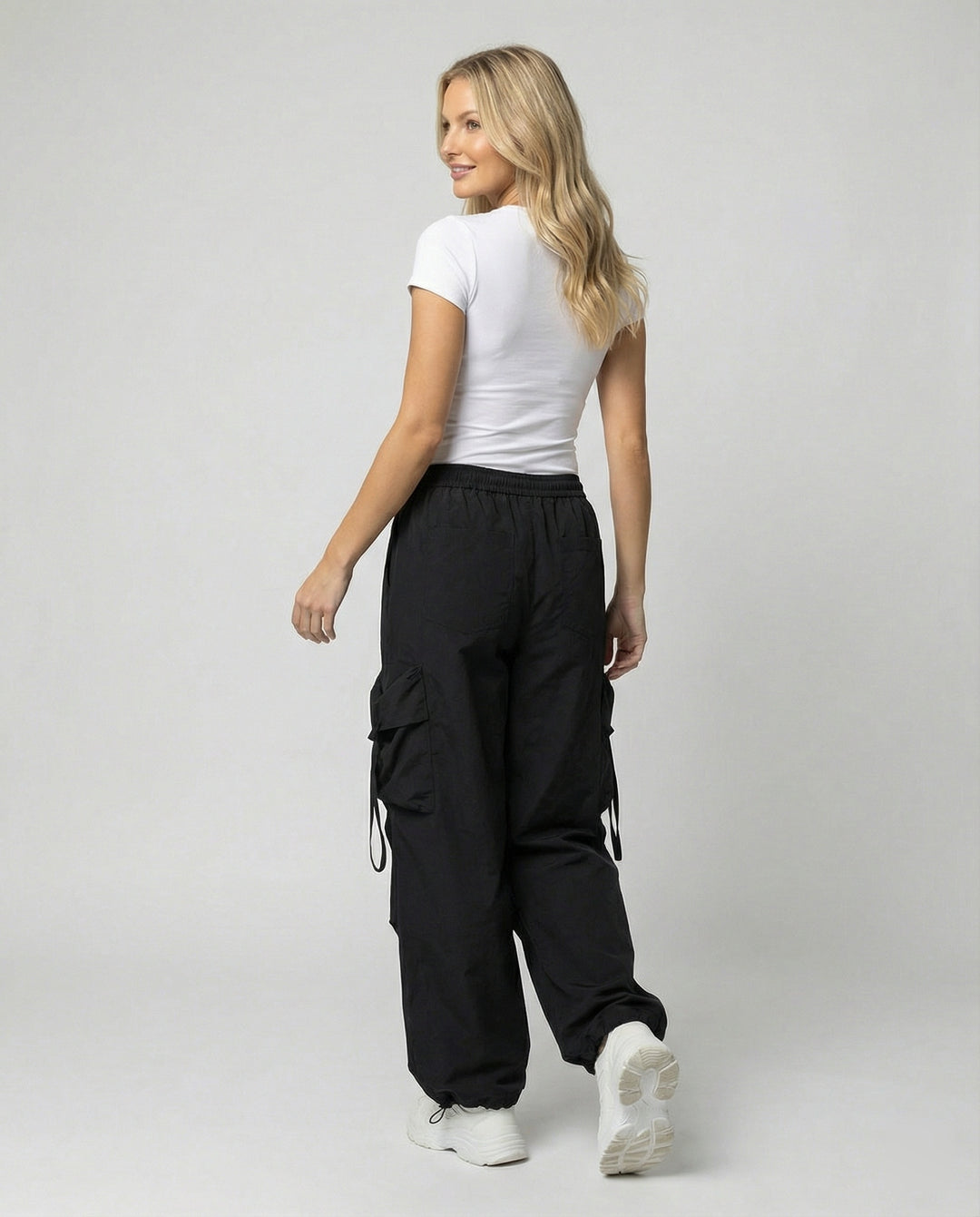 Damen lässige Utility-Palazzohose mit hohem Komfortbund, aufgesetzten Mehrfachtaschen und abgesteppten Kniefalten R&B