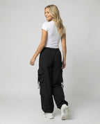 Damen lässige Utility-Palazzohose mit hohem Komfortbund, aufgesetzten Mehrfachtaschen und abgesteppten Kniefalten R&B