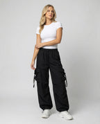 Damen lässige Utility-Palazzohose mit hohem Komfortbund, aufgesetzten Mehrfachtaschen und abgesteppten Kniefalten R&B