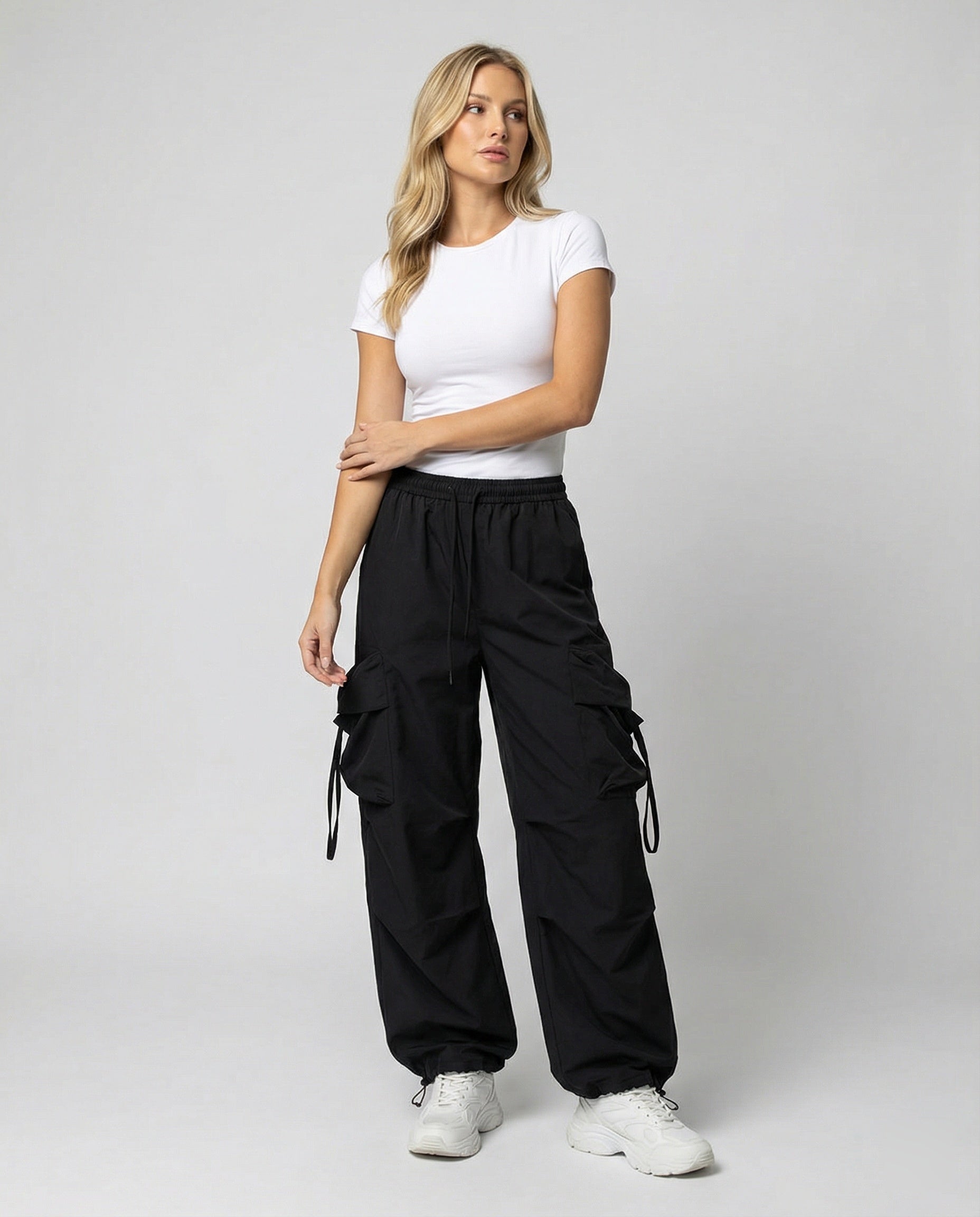 Damen lässige Utility-Palazzohose mit hohem Komfortbund, aufgesetzten Mehrfachtaschen und abgesteppten Kniefalten R&B