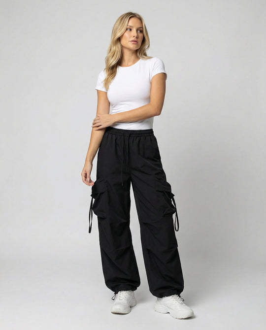 Damen lässige Utility-Palazzohose mit hohem Komfortbund, aufgesetzten Mehrfachtaschen und abgesteppten Kniefalten R&B