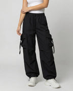 Damen lässige Utility-Palazzohose mit hohem Komfortbund, aufgesetzten Mehrfachtaschen und abgesteppten Kniefalten R&B