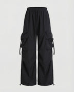 Damen lässige Utility-Palazzohose mit hohem Komfortbund, aufgesetzten Mehrfachtaschen und abgesteppten Kniefalten R&B