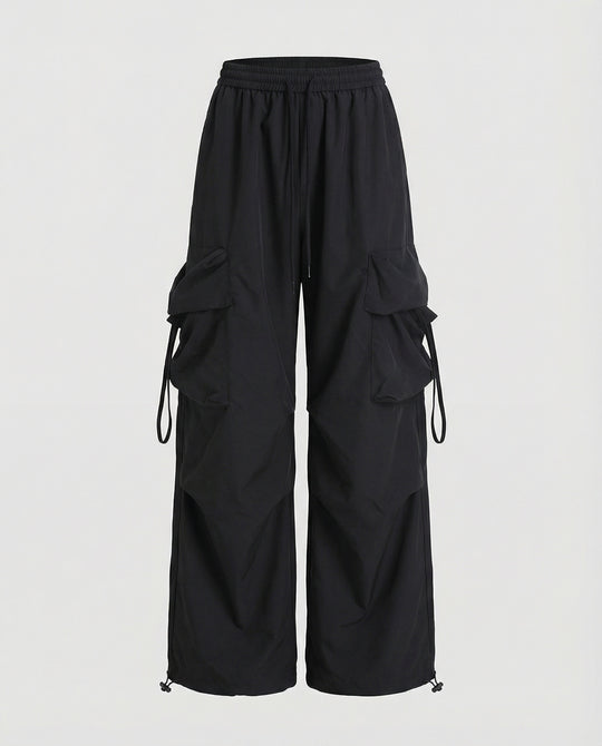 Damen lässige Utility-Palazzohose mit hohem Komfortbund, aufgesetzten Mehrfachtaschen und abgesteppten Kniefalten R&B
