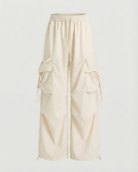 Damen lässige Utility-Palazzohose mit hohem Komfortbund, aufgesetzten Mehrfachtaschen und abgesteppten Kniefalten R&B