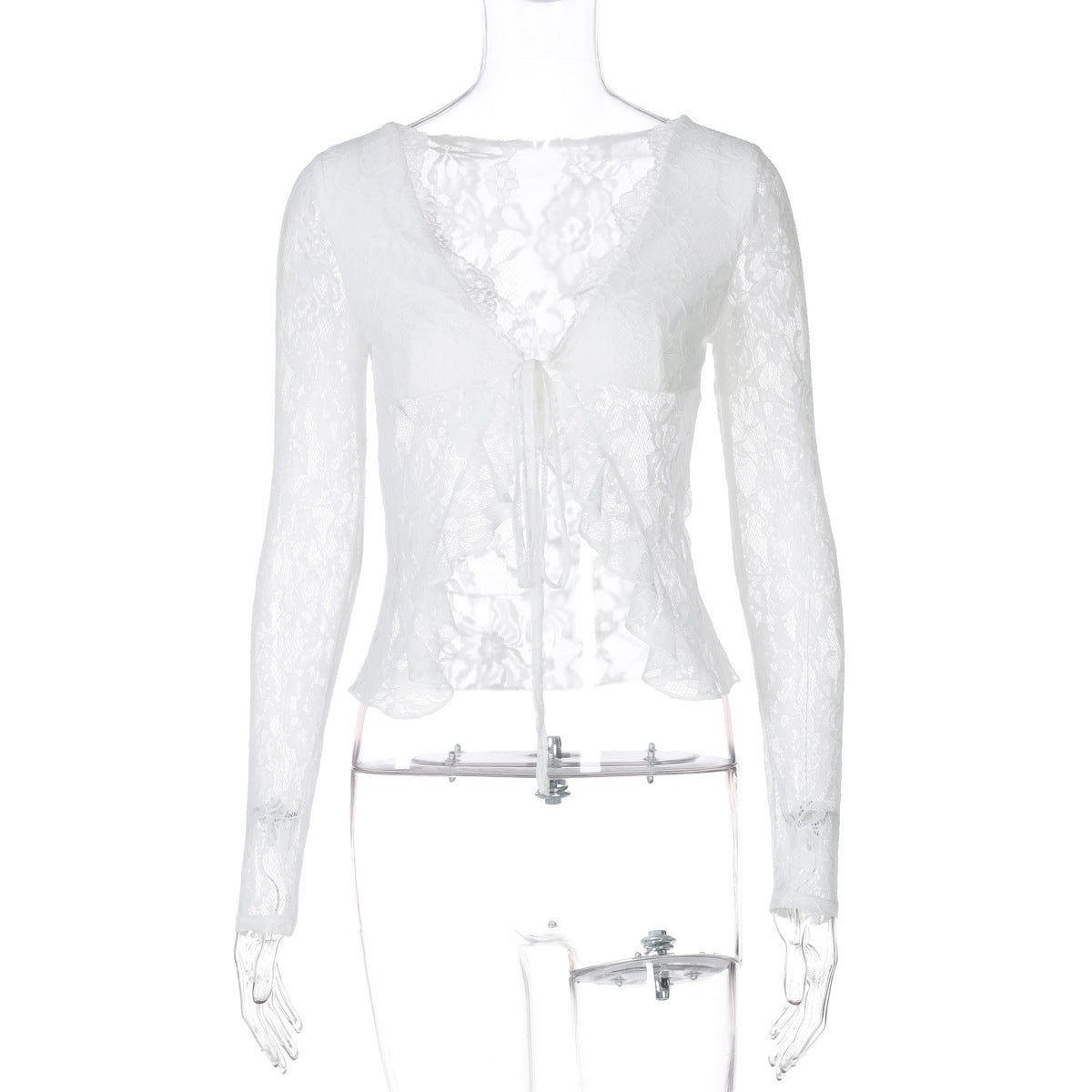 Damen Spitzen-Cropped-Bluse mit Schleifenverschluss R&B