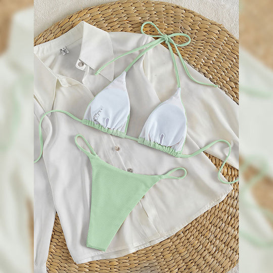 Damen Triangel-Bikini mit feinem Rippstruktur und verspielten Bindebändern R&B