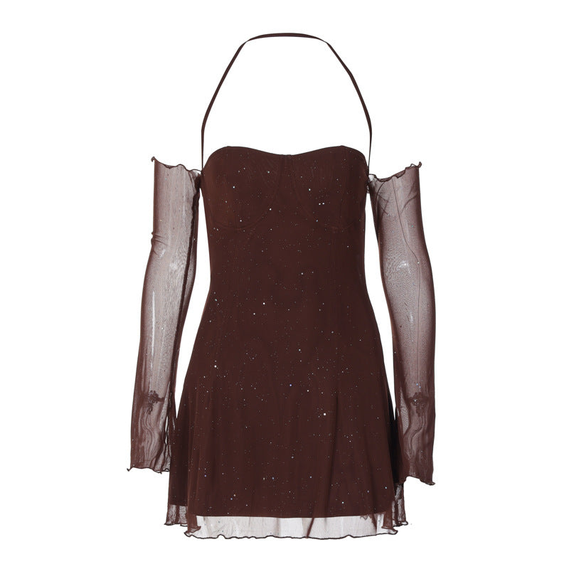 Damen Freizeitkleid mit sexy Ärmeldesign und funkelndem Element R&B
