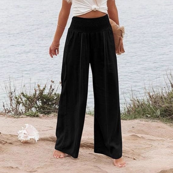 Damen weite und elegante Palazzo-Hose mit hohem Bund und Faltenwurf R&B