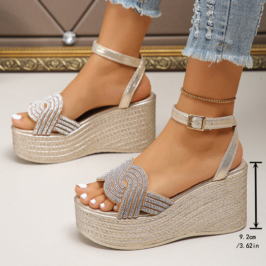 Damen Wedge-Sandaletten mit funkelnden Strassakzenten und elastischem Riemen R&B