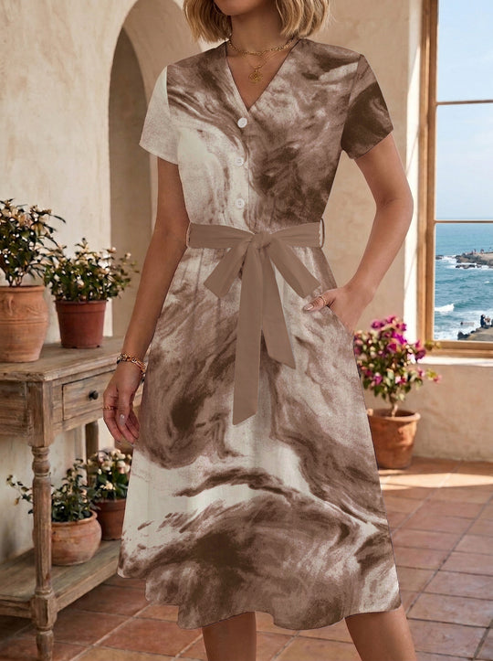 Damen Blühendes Midikleid mit taillierbarem Gürtel und kunstvollem Print R&B