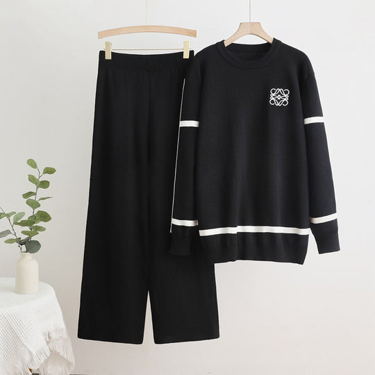 Damen modisches Freizeit-Loungewear-Set mit breiten Beinen und dezentem Logo R&B