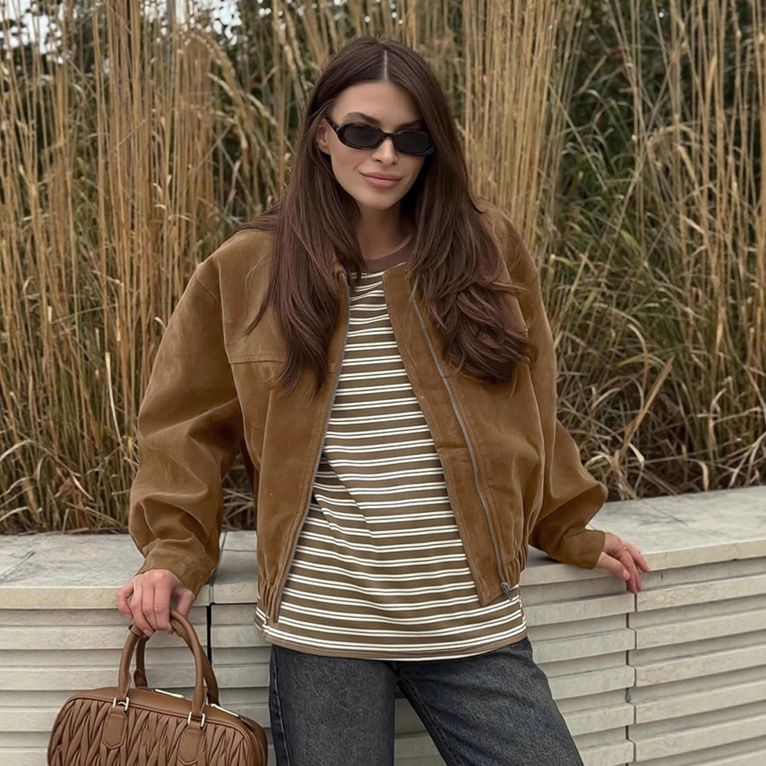 Damen Modische Wildlederjacke mit elastischem Bund und asymmetrischem Kragen R&B