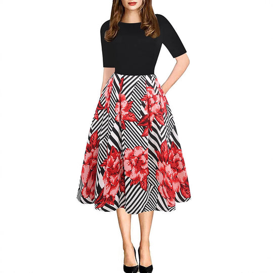 Damen Midikleid mit floralem Muster und gestreiften Akzenten R&B