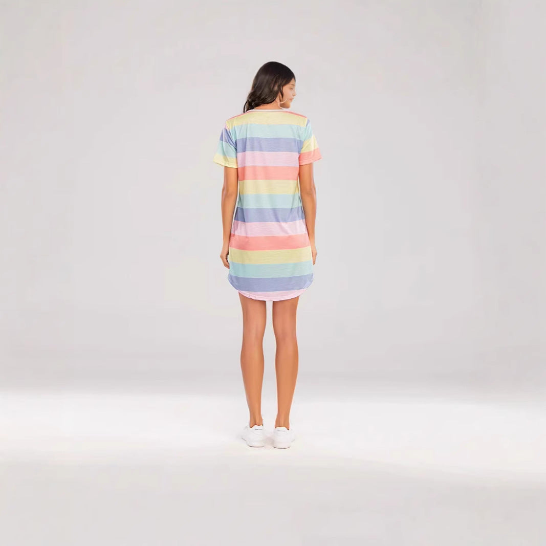 Damen Kurzarm Kleid mit auffälligem Streifenmuster und bequemem Schnitt R&B
