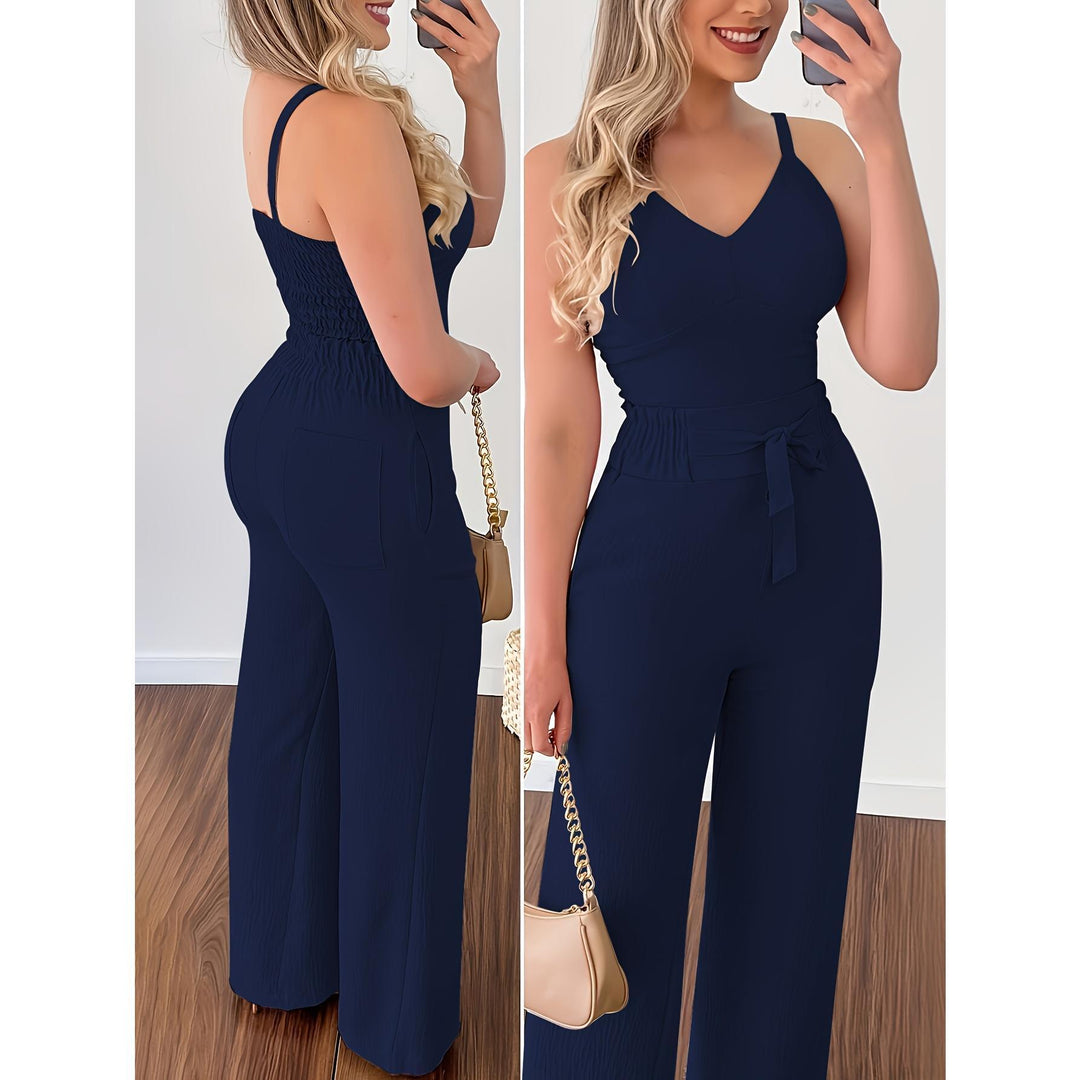 Damen eleganter Jumpsuit mit Taillengürtel und weitem Bein R&B