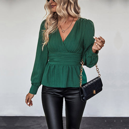 Damen Wickelb blouse mit voluminösen Ärmeln und elegantem Design R&B