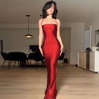 Damen elegantes Bodycon Maxikleid mit schulterfreiem Design und feinen Trägern R&B