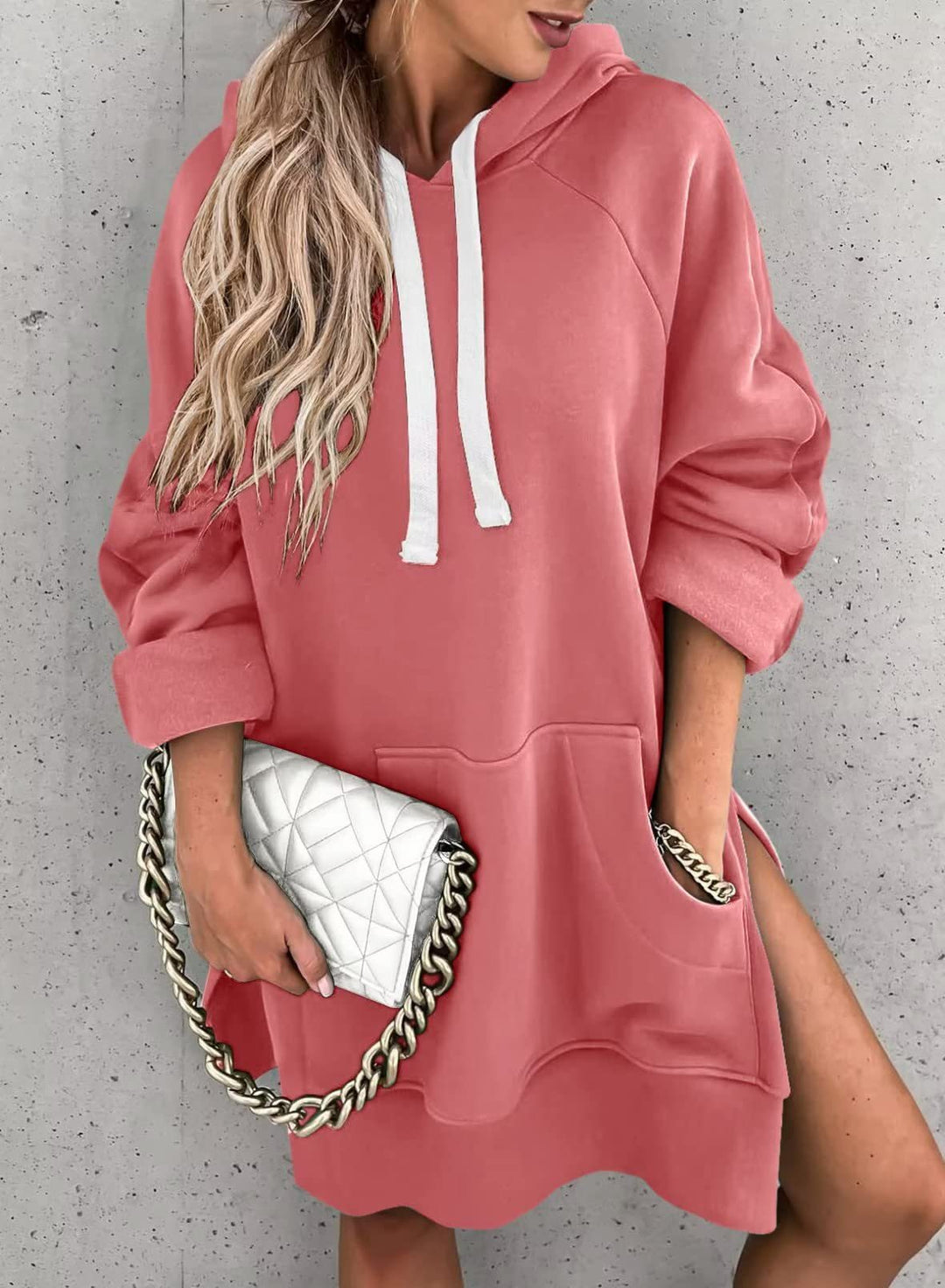 Damen lässiges Kapuzenkleid mit praktischen Eingrifftaschen und seitlichen Schlitzen R&B