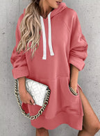 Damen lässiges Kapuzenkleid mit praktischen Eingrifftaschen und seitlichen Schlitzen R&B