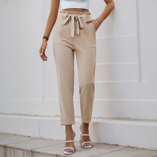 Damen elegante Chino-Hose mit hohem Bund und Taillenzug R&B