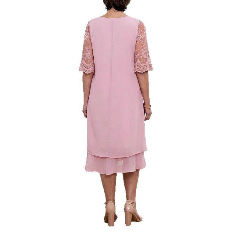 Damen nan A-Linien-Chiffonkleid mit floral bestickter Spitzenpasse, verdeckter Mittelnahtfalte und mehrlagigem Volant R&B