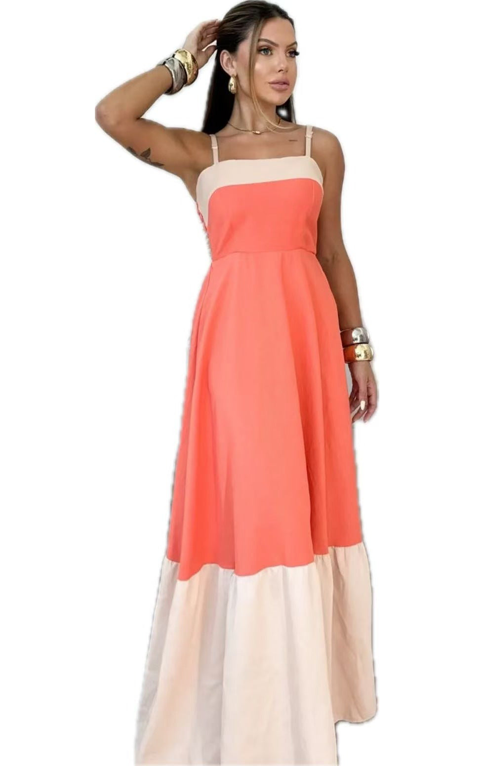 Damen Maxikleid aus hochwertiger Baumwolle mit kontrastierendem Saum R&B