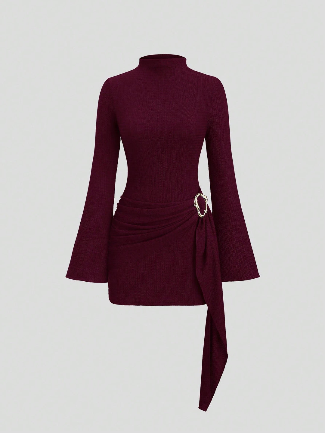 Damen nan figurbetontes Strick-Minikleid mit Stehkragen, Trompetenärmeln und seitlichem Drapé mit Zierring R&B