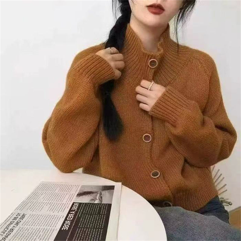 Damen kuscheliger Hochkragen-Cardigan mit Knopfdetails R&B