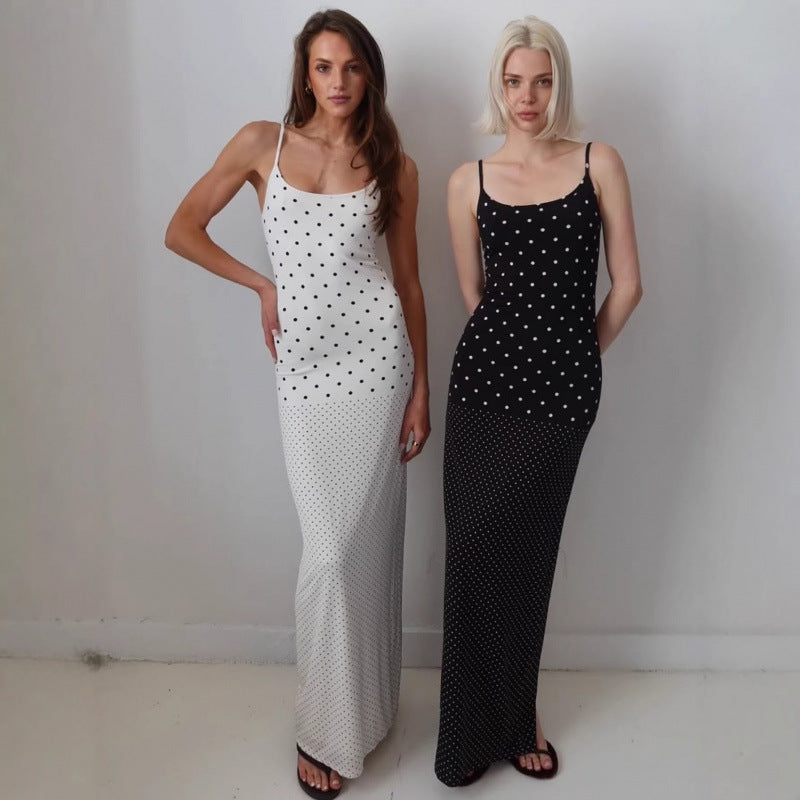 Damen Elegantes Polka-Dot Maxikleid mit verstellbaren Trägern und fließendem Schnitt R&B
