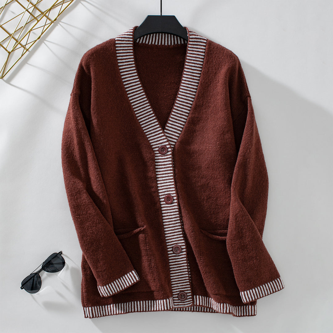 Damen Strickjacke mit modernen Streifenakzenten und Taschen R&B