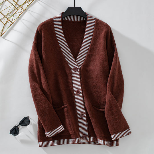 Damen Strickjacke mit modernen Streifenakzenten und Taschen R&B