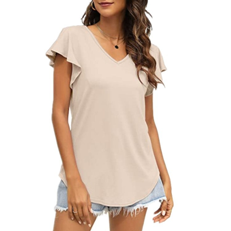Damen V-Ausschnitt T-Shirt mit Rüschenärmeln und lässigem Schnitt R&B
