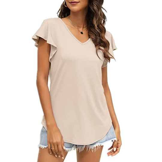 Damen V-Ausschnitt T-Shirt mit Rüschenärmeln und lässigem Schnitt R&B