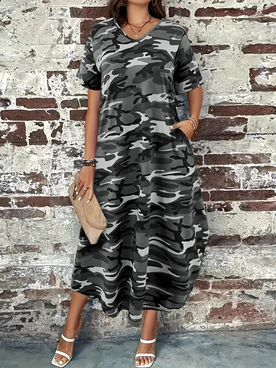 Damen Maxi-Kleid mit modernem Camouflage-Design und praktischen Taschen R&B