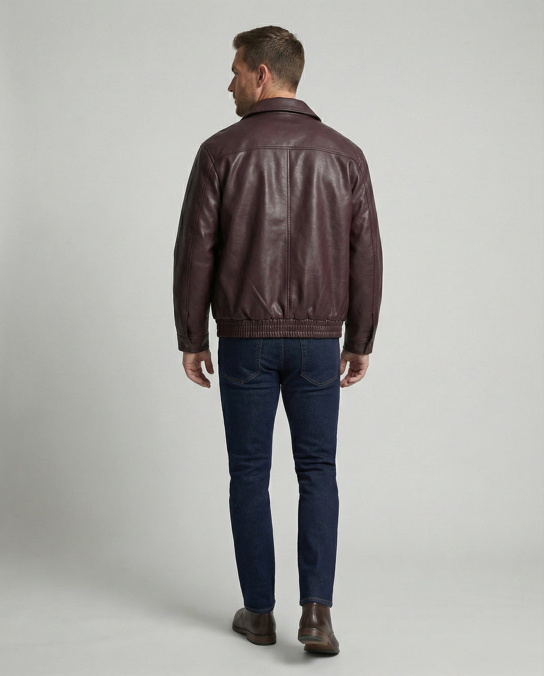 Herren oversized Lederimitat-Zipjacke mit Hemdkragen kastiger Silhouette und Einschubtaschen R&B