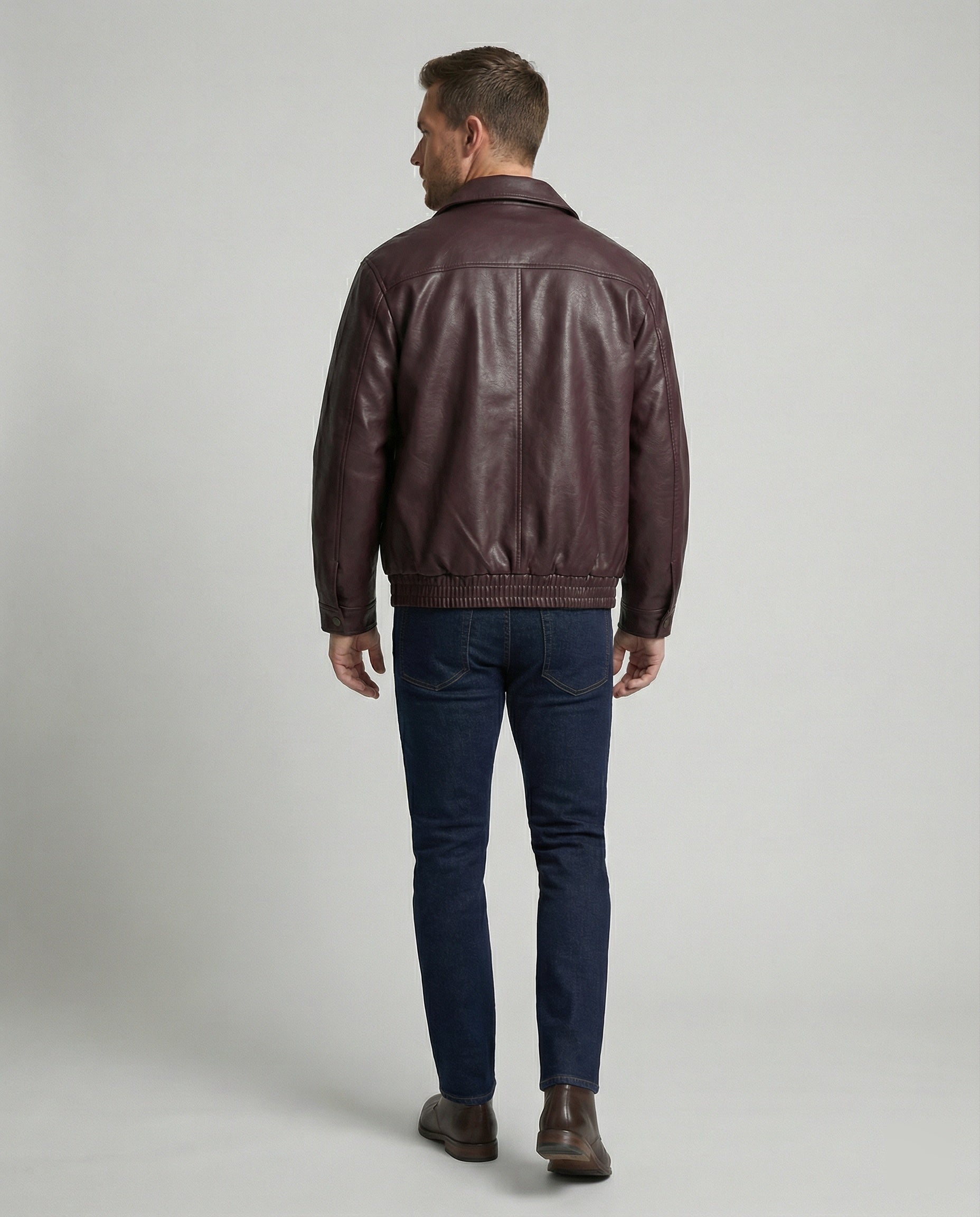 Herren oversized Lederimitat-Zipjacke mit Hemdkragen kastiger Silhouette und Einschubtaschen R&B