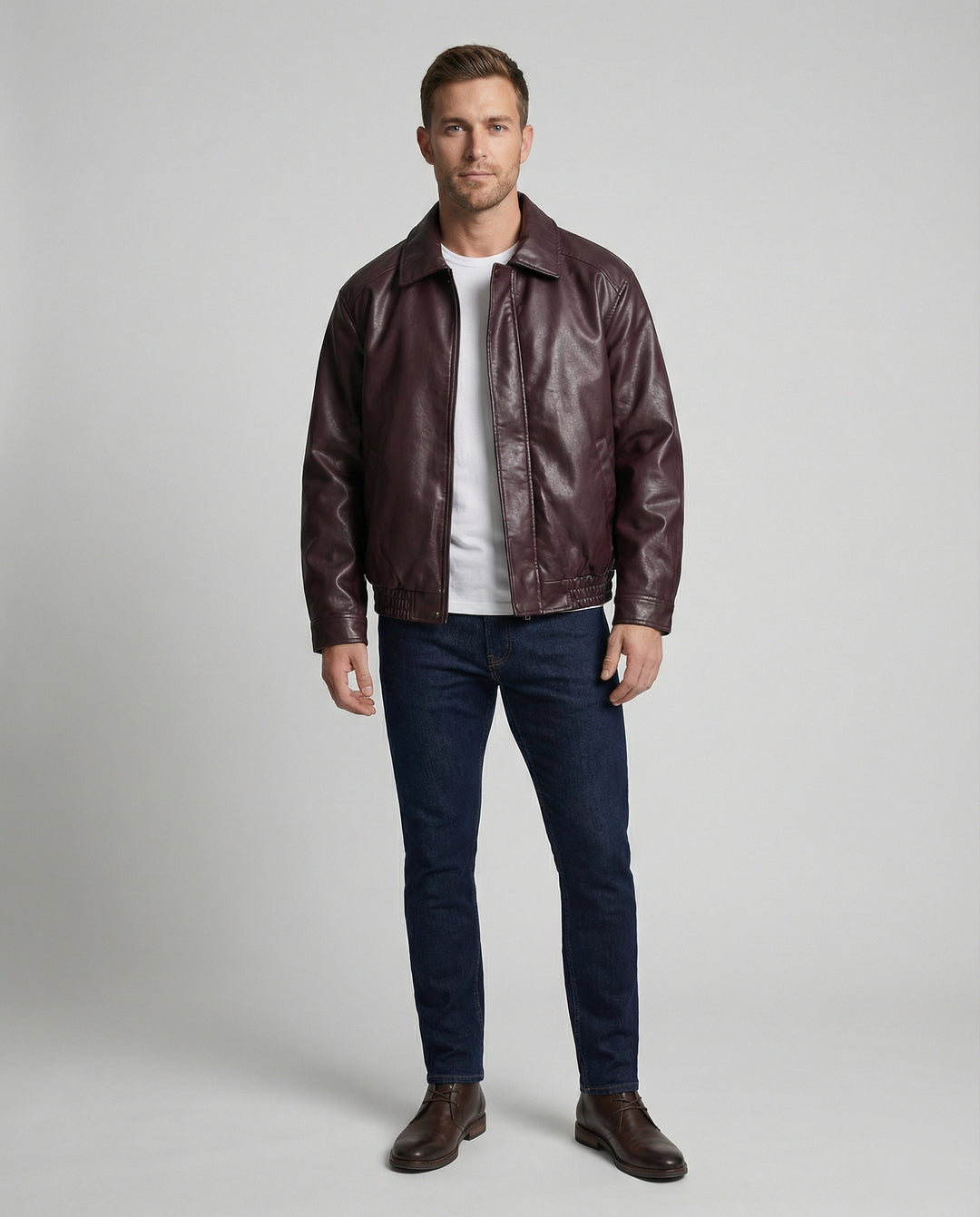 Herren oversized Lederimitat-Zipjacke mit Hemdkragen kastiger Silhouette und Einschubtaschen R&B